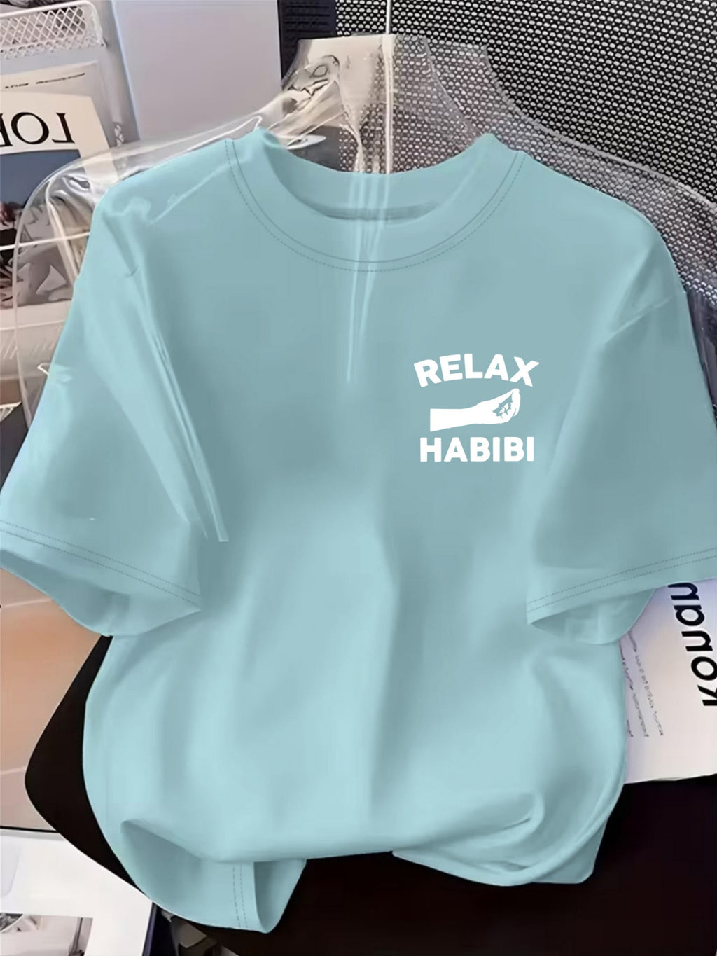 Front And Back Printed Women'S Fashion Base Print T-Shirt, Soft And Versatile, Casual Style Printed Pattern with RELAX HABIBI Lettering And Hand Gesture Design Printed Short Sleeve T-Shirt, Suitable for Casual Wear, Fashion All-Season Top - Sky Blue