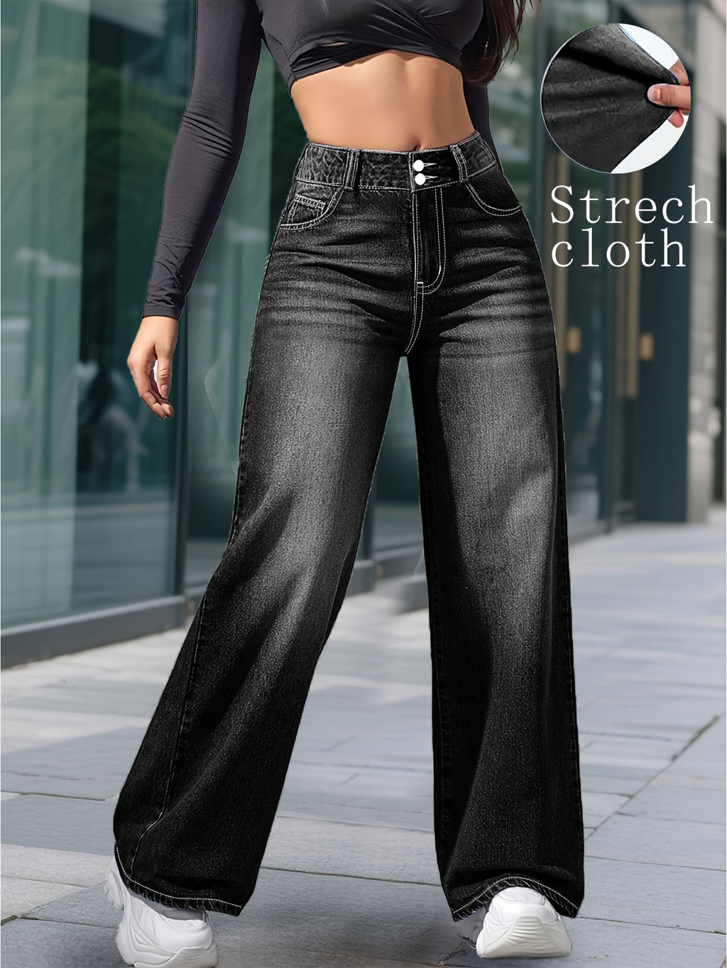 Black Casual Stylish High-Waisted Stretchy Slim-Fit Straight-Leg Jeans for Women with Double-Button Design - Black