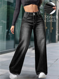 Black Casual Stylish High-Waisted Stretchy Slim-Fit Straight-Leg Jeans for Women with Double-Button Design - Black