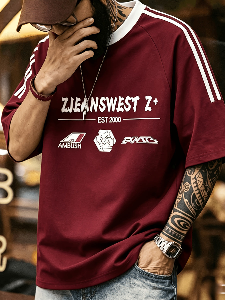 Summer Men'S Striped Street Style T-Shirt Casual Hip-Hop Round Neck Men'S Retro with Print Color-Block Collar Top Athletic Striped Short Sleeve - Burgundy