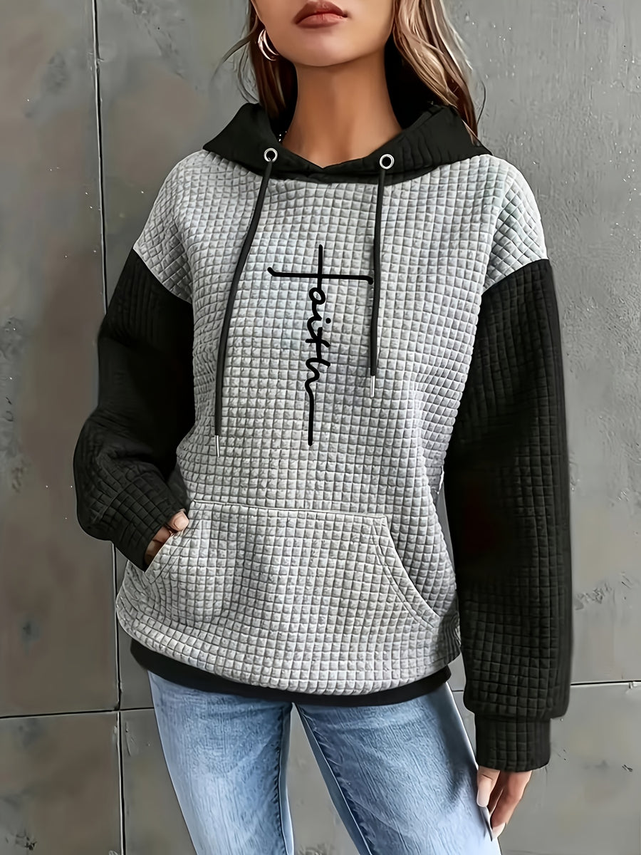 Women's Casual Oversized Hoodie with Checkered Texture & Letter Print, Kangaroo Pocket, Long Sleeve Loose Fit Sweatshirt for Fall Winter, Machine Washable, Fall Fashion, Relaxed Style, Comfortable Texture, Print Sweatshirt, Cozy Wear - Grey