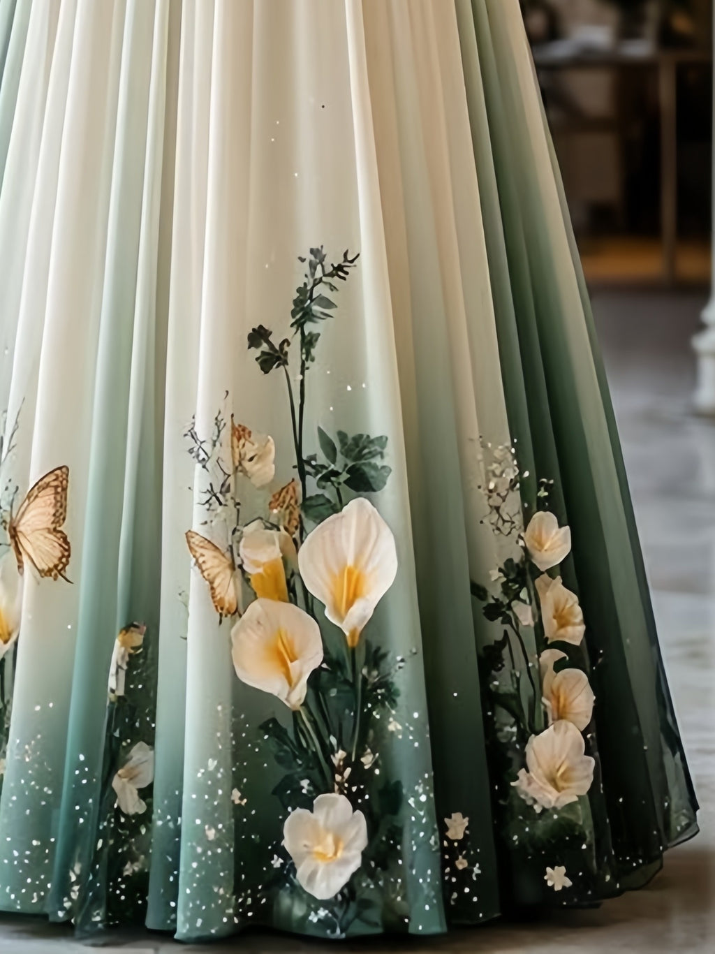 Women'S Premium Feel Printed Mid-Length A-Line Skirt with Tiered Tulle Hem, Suitable for Formal And Semi-Formal Evening Weddings Guest Parties Dresses, All-Season Wear - Green
