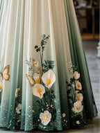 Women'S Premium Feel Printed Mid-Length A-Line Skirt with Tiered Tulle Hem, Suitable for Formal And Semi-Formal Evening Weddings Guest Parties Dresses, All-Season Wear - Green