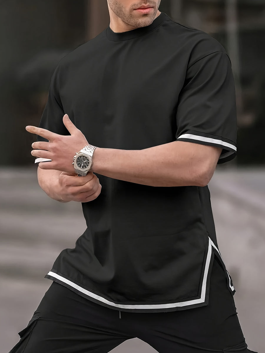 Men'S Summer Short-Sleeve Color-Blocked Round-Neck T-Shirt with Side Slits And Stretchy Knit Fabric - Black