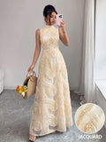 Summer New Style Stand Collar Sleeveless Elegant Evening Dress Women'S 3D Wavy Pleated Sequined Mesh Banquet Dress - Apricot