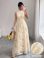 Summer New Style Stand Collar Sleeveless Elegant Evening Dress Women'S 3D Wavy Pleated Sequined Mesh Banquet Dress - Apricot