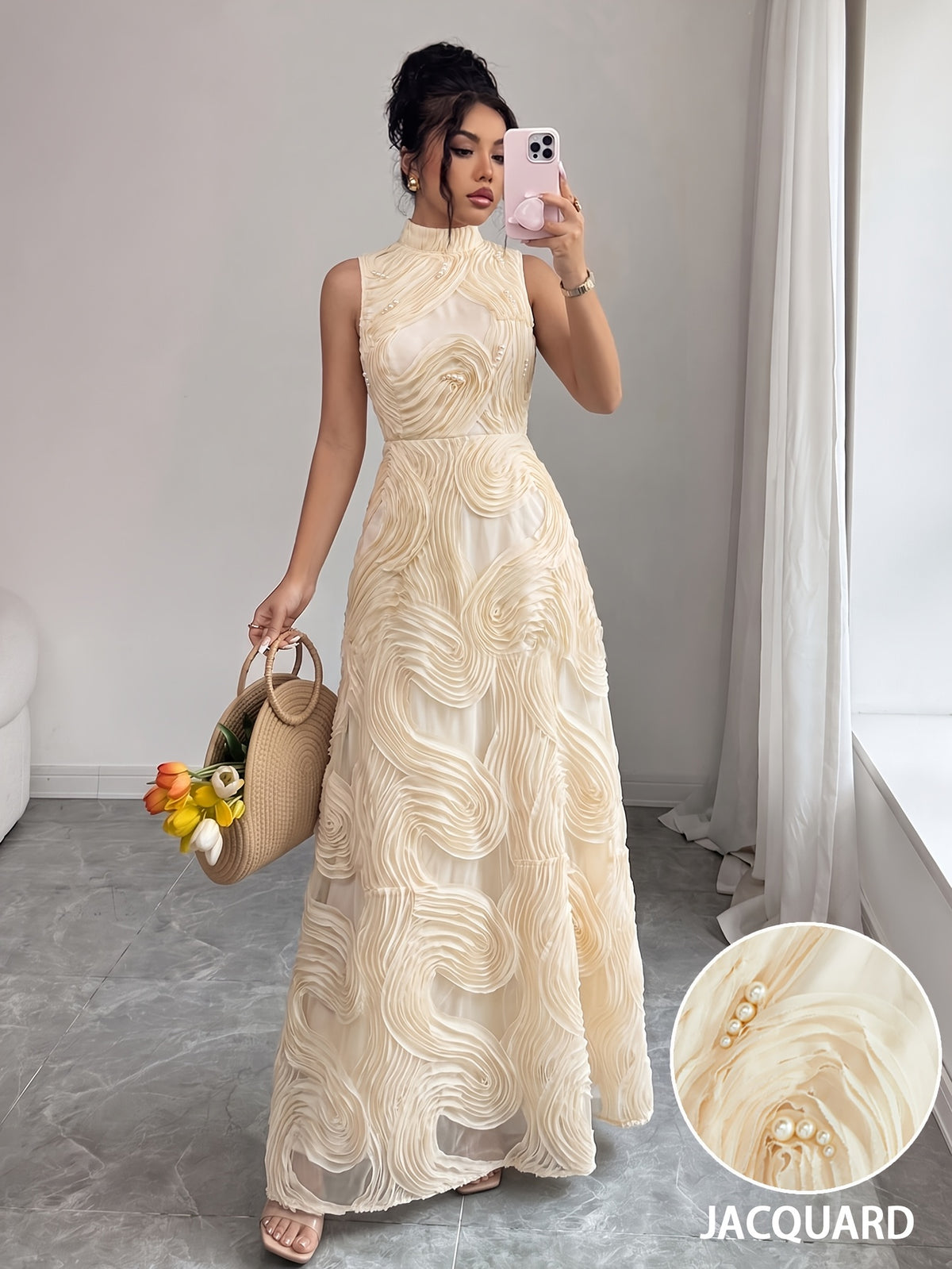 Summer New Style Stand Collar Sleeveless Elegant Evening Dress Women'S 3D Wavy Pleated Sequined Mesh Banquet Dress - Apricot