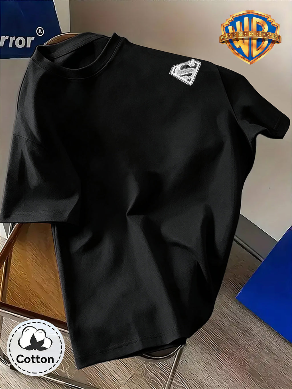 DC Superman Sketch S Logo Print 100% T-Shirt, Unisex Trendy Top, Double-Sided Print Design, Soft Fabric Material, Fashionable And Versatile Round Neck Short Sleeve Top, Designed for Men. Casual And Comfortable, Diverse Styles And Loose Fit - Black