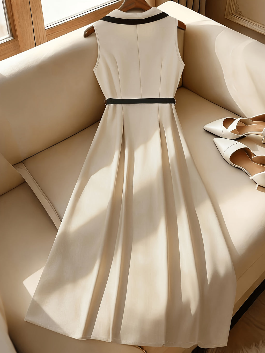 2026 New Style Elegant French Style Dress, Contrast Color Lapel Single-Breasted Waist-Cinching Sleeveless Midi Dress - Beige