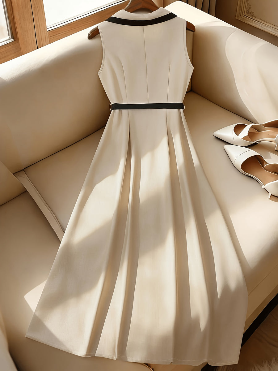 2026 New Style Elegant French Style Dress, Contrast Color Lapel Single-Breasted Waist-Cinching Sleeveless Midi Dress - Beige
