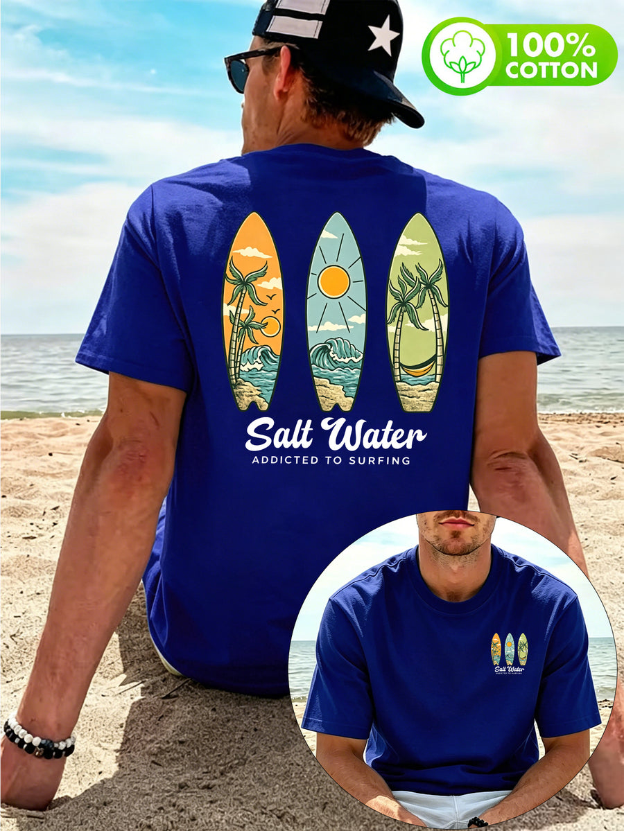 Men'S 100% T-Shirt, "Salt Water" Vintage Surfboard Front And Back Print Design, Casual Trendy Street Sport Short Sleeve T-Shirt Summer New Style, Round Neck Short Sleeve Summer Top, Casual Street Style, Suitable for Summer Daily Outdoor Wear - Royal Blue