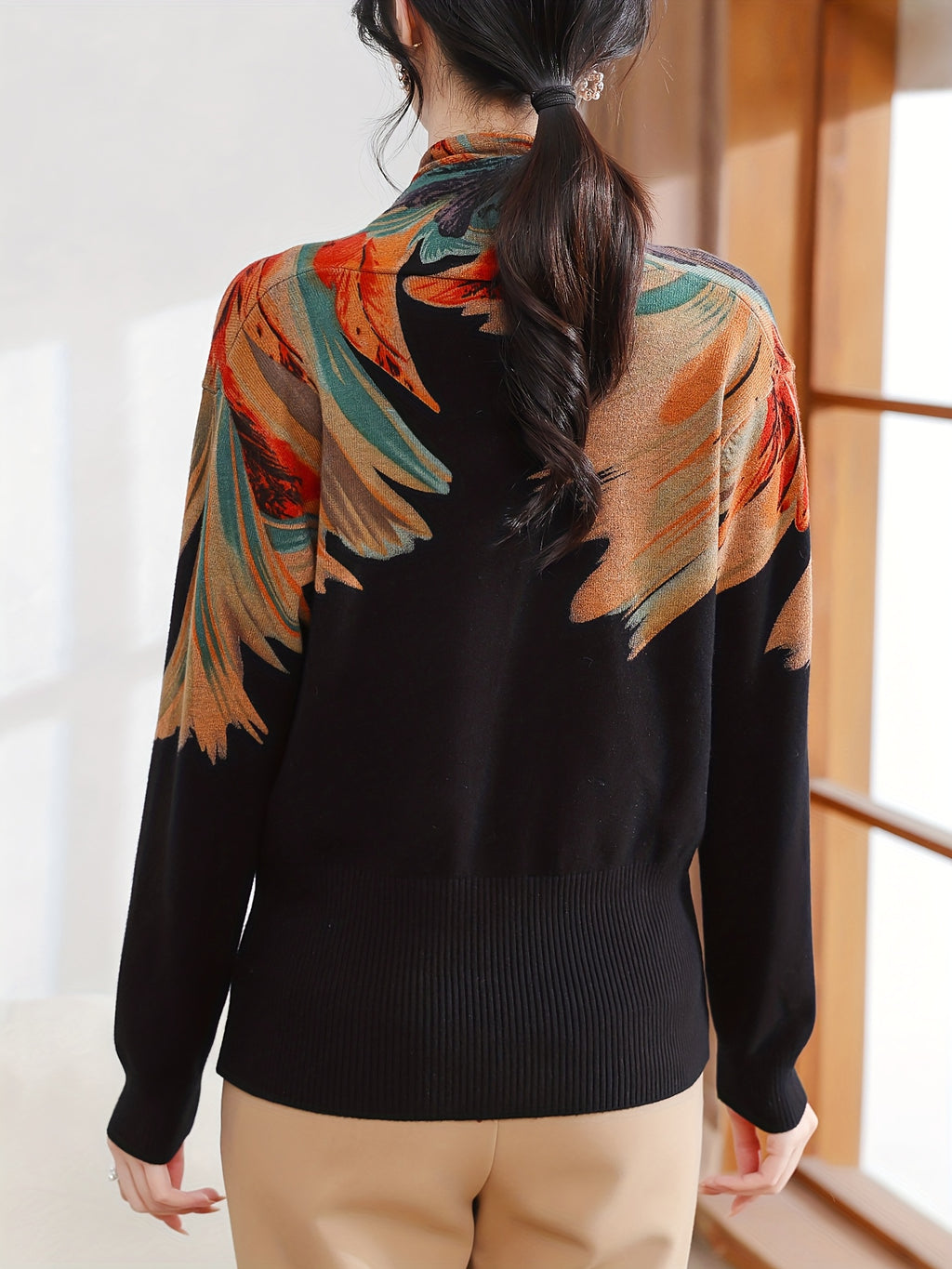 Spring/Autumn Women's Top, Mom Style New Year Spring Fashion Printed Long Sleeve Sweater for Middle-Aged and Elderly Women, Elegant Base Layer Pullover, 2026 New Model, Comfortable and Youthful, Versatile Women's Apparel for Daily Wear, Home, Outings - Black