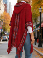 Elegant Special Edition 'Net Body Bust' Vacation Style 1pc Women's Diamond Jacquard Hooded Cape Cardigan, Vintage Ethnic Style Solid Color Tassel Fashionable Elegant European and American Style Warm Sweater Coat, Suitable for Spring, Autumn - Red