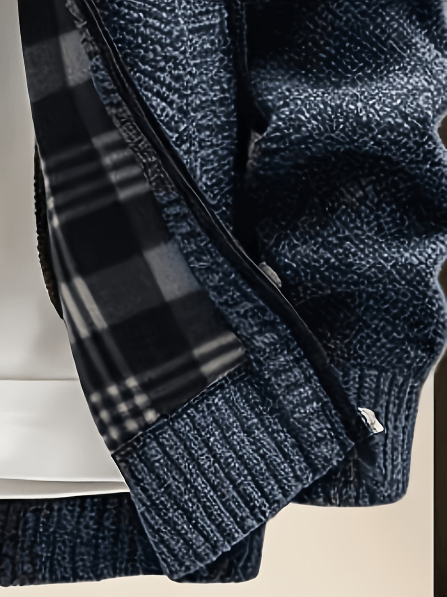 Men'S Stand Collar Zip-Up Knitted Cardigan for Fall Winter, Solid Color Long Sleeve Fleece Lined Casual Sweater Coat, Slim Fit And Versatile for Daily Wear - Navy Color