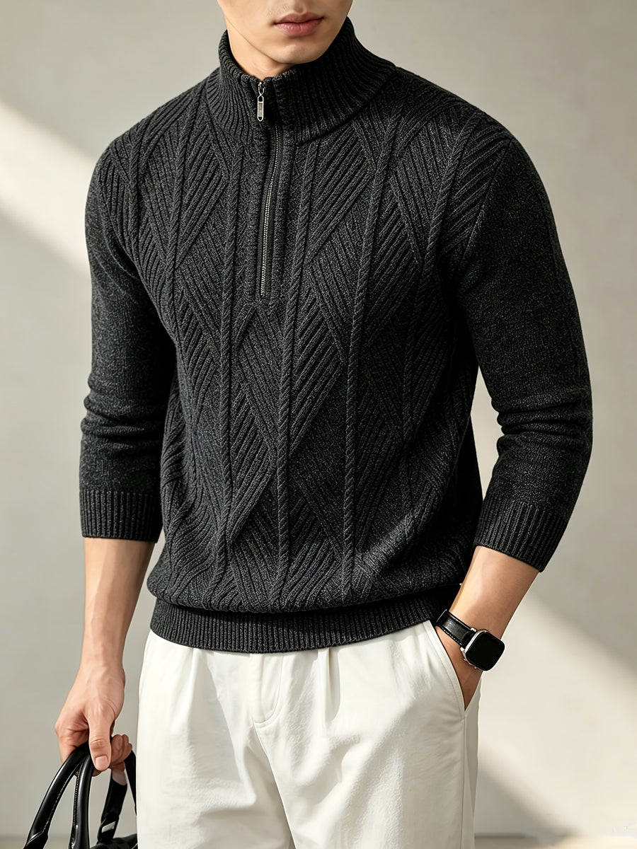 Men's Autumn/Winter Half-Turtleneck Zipper Sweater, Business Casual Pullover Base Layer Top - Black
