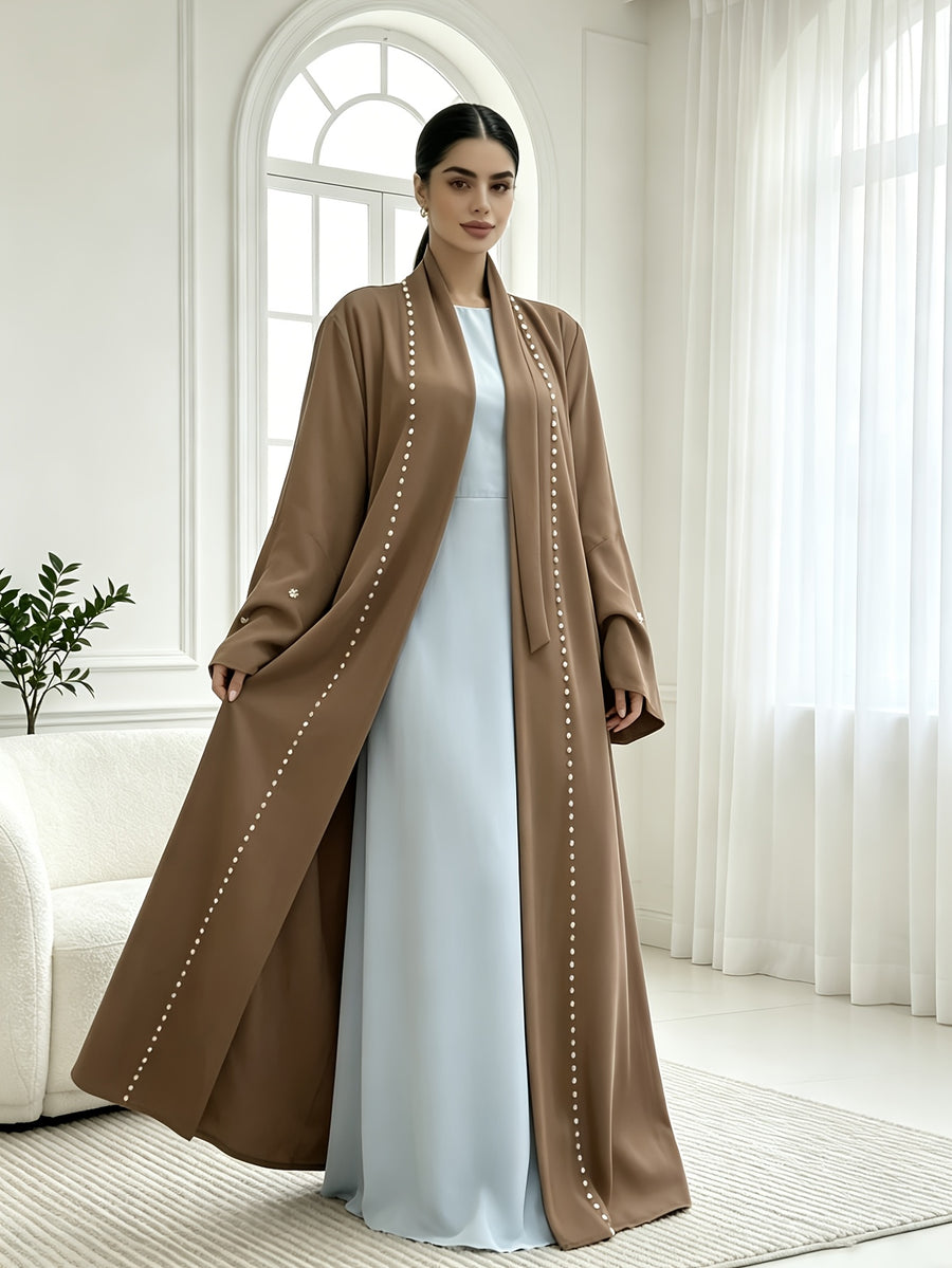 1pc Fashionable, Elegant And Casual, This Pearl-Studded Solid-Colored Abaya Cardigan Is Perfect for Everyday Wear. It Is Loose And Comfortable for Women. Muslim Women Clothes Abayas for Women Muslim Long Frocks for Women Jebba Tunisienne Femme - Khaki