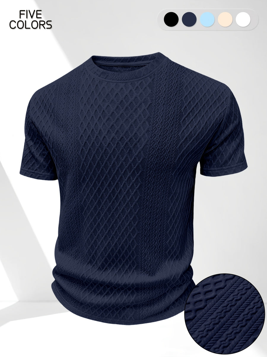 Men'S Summer Casual Premium Textured Solid Round Neck Short Sleeve, Comfortable Breathable Textured Fabric T-Shirt, Suitable for Outdoor Vacation And Daily Wear - Navy Color