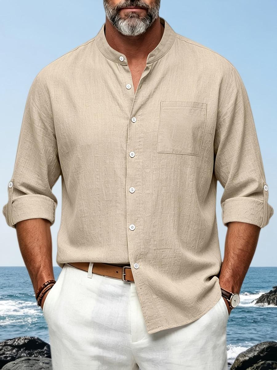 Men's Spring/Autumn Linen Loose-Fit Casual Simple Breathable Button-Front Roll-Up Sleeve Long-Sleeve Stand Collar Shirt - Khaki