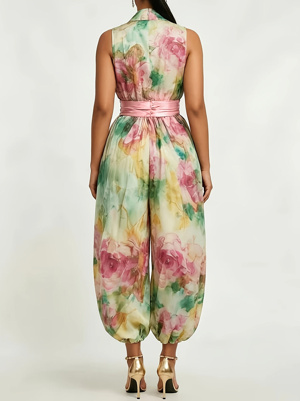 Urban Style Printed V-Neck Jumpsuit, Women's Printed Sleeveless V-Neck Satin Jumpsuit with Waist Cinching, Cuffed Legs, and Flared Pants, Elegant Vacation Style, Loose Fit,, with Pockets - Mixed colors