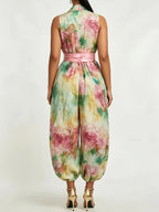 Urban Style Printed V-Neck Jumpsuit, Women's Printed Sleeveless V-Neck Satin Jumpsuit with Waist Cinching, Cuffed Legs, and Flared Pants, Elegant Vacation Style, Loose Fit,, with Pockets - Mixed colors
