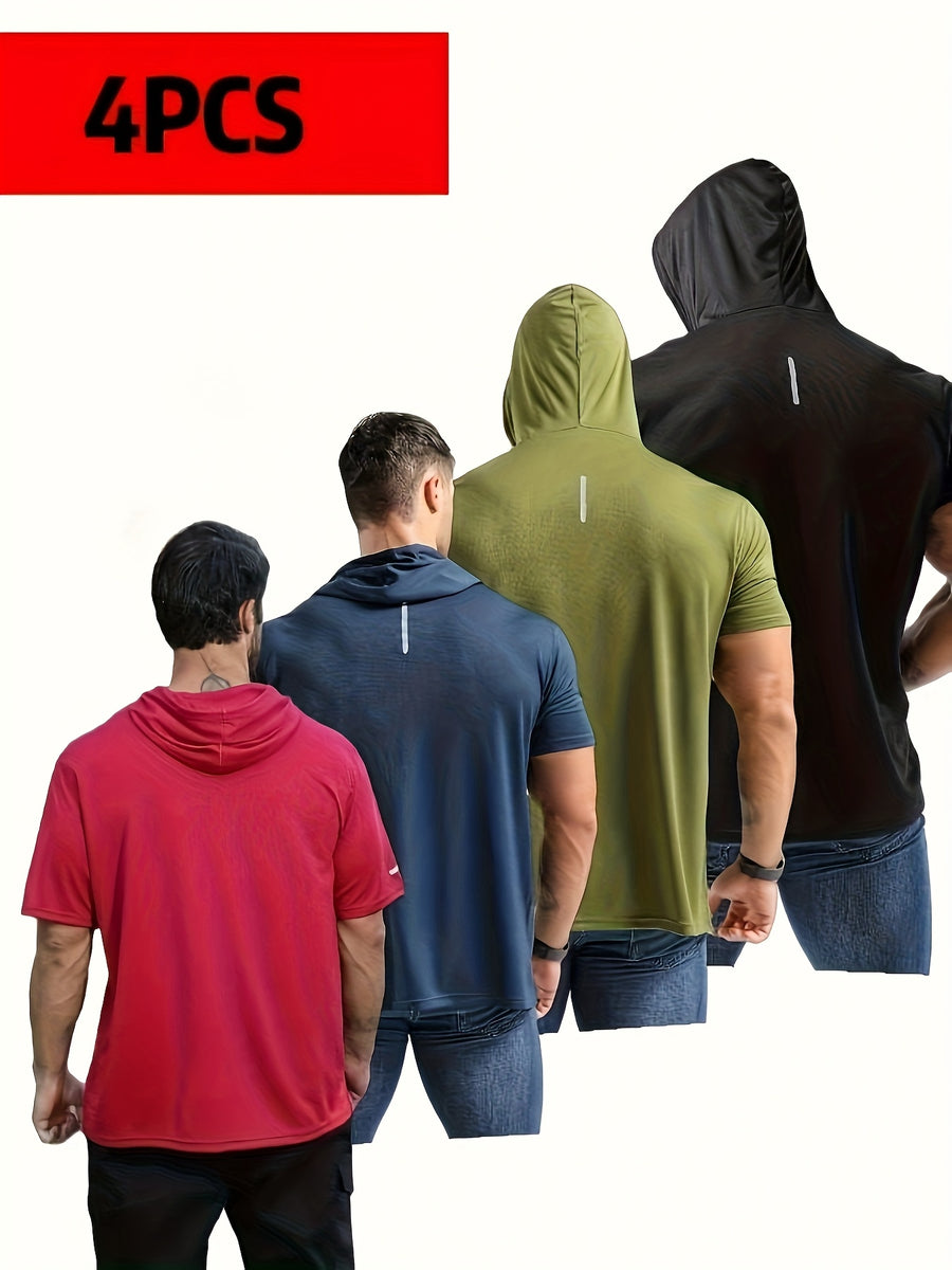 A Set of Four Men'S Regular Solid Color Hoodies, Casual And Breathable with Drawstring Short Sleeves - Black*Dark blue*Green*Red