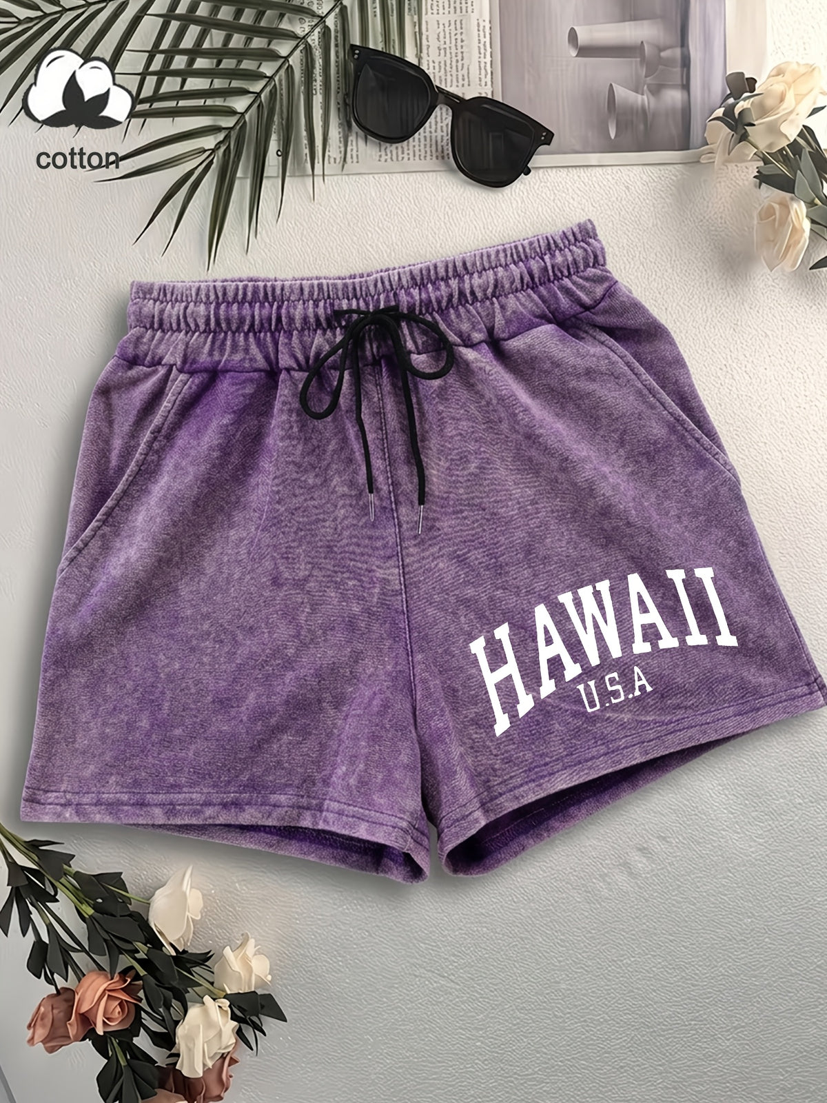 Western Trendy Hawaiian Letter Print Casual Distressed Women'S Shorts, Elastic Drawstring Waist Design, Versatile Home Wear, Lifestyle Fashion - Purple