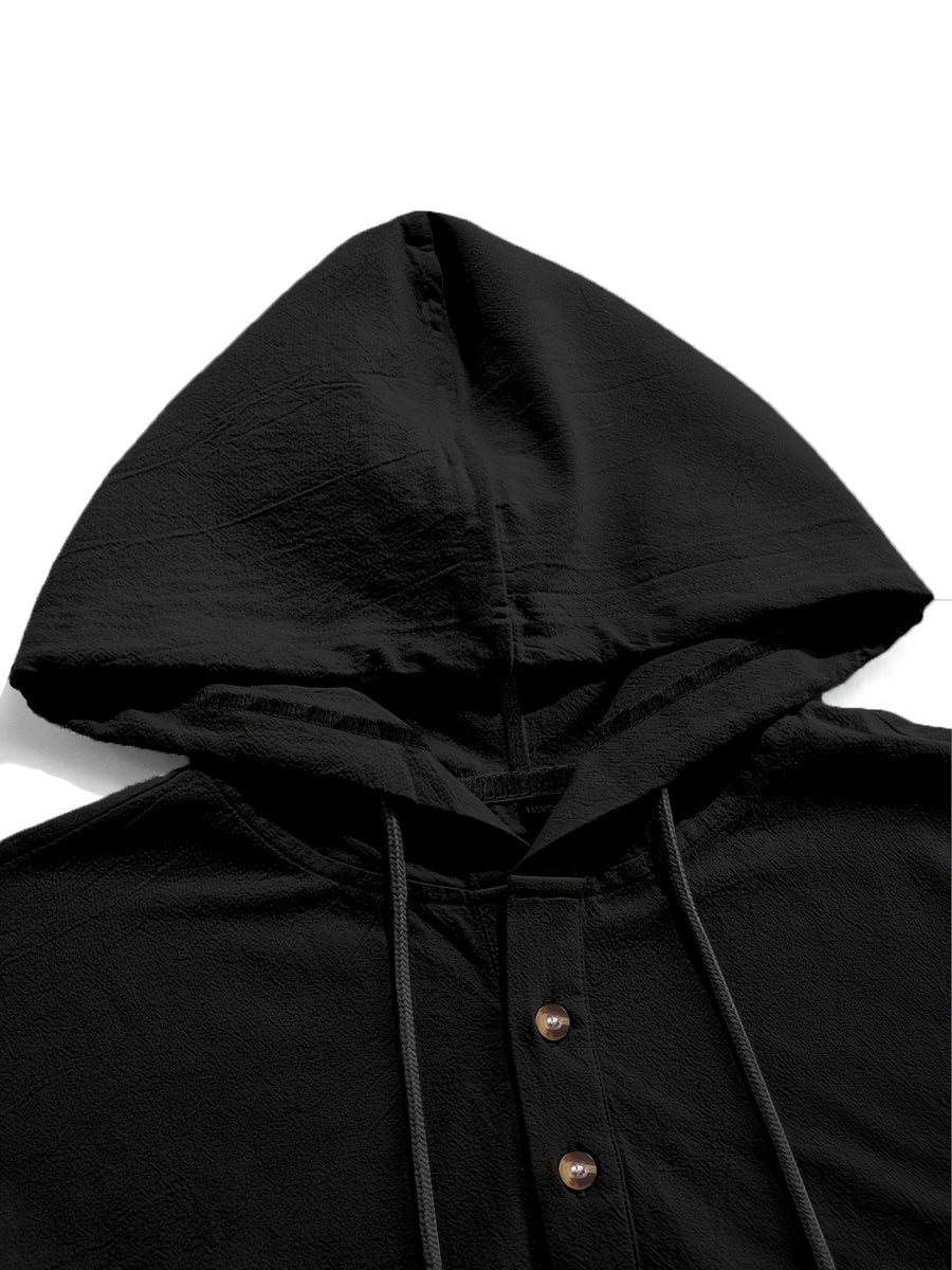 2pcs Men'S Linen-Like Hooded Henley Long Sleeve Sweatshirt Set, Breathable Thin Solid Color Half-Open Placket Casual Pullover Henley Shirt, Soft Comfortable Textured Fabric Fresh And Non-Stuffy, Loose Slimming Versatile Fit - 2pcs [black + Navy Blue]