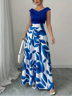 An Elegant V-Neck Floral Print A-Line Maxi Dress with Pockets - Featuring a Leaf Pattern, Short Sleeves, a Cinched Waist, And a Flowing Skirt, Perfect for Summer, Suitable for Both Casual And Formal Wear - Blue