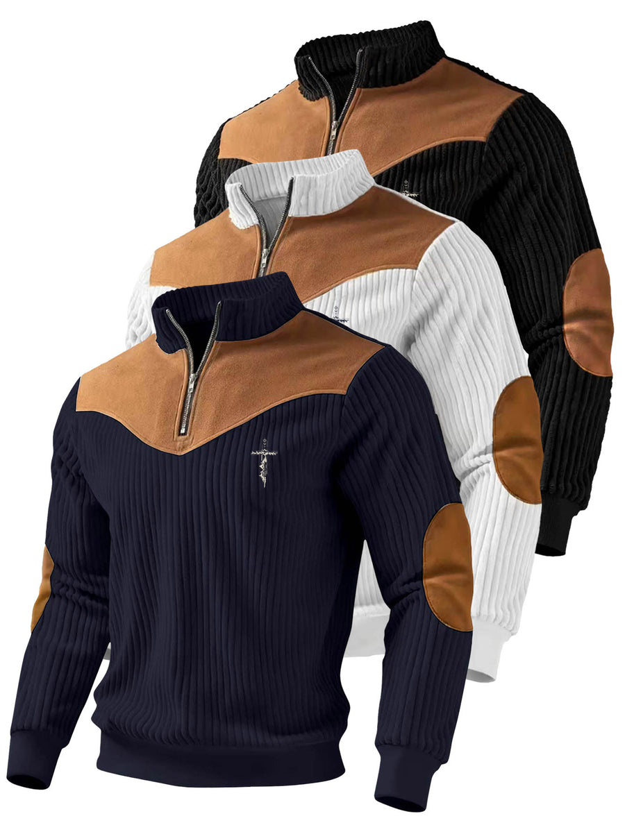 A 3pcs Men's Top Featuring Ribbed Cable-knit with Brown Block Design, Stand-up Collar, and Zipper Closure, Suitable for Both Daily Commutes and Formal Occasions, Offering a Casual yet Elegant Look - Black+white+navy Blue