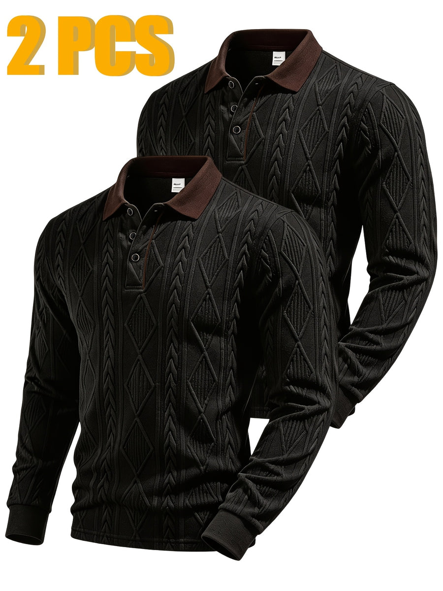 2pcs Men's Fashion Long-Sleeve Polo Shirt | High-End Contrast Color Lapel Jacquard Design T-Shirt | Essential Golf Polo Outfit | Breathable, Warm, Skin-Friendly, and Comfortable | for Indoor Gatherings and Outdoor Sports | Wardrobe Essential Casual - Black+black