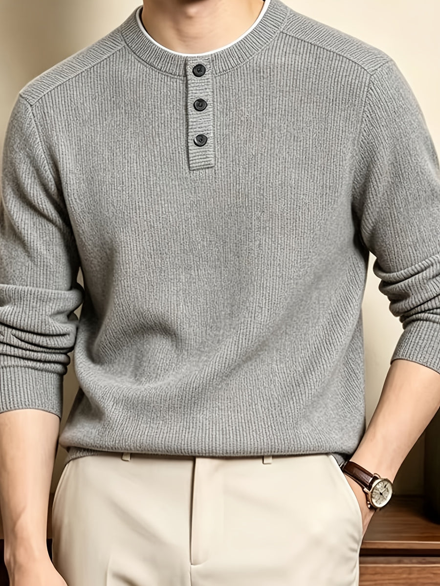 Men'S Henley Collar Knit Pullover Sweater, Half-Button Placket Design, Contrast Edge Trim Neckline Casual Easy Knit Top - 【Light Grey】