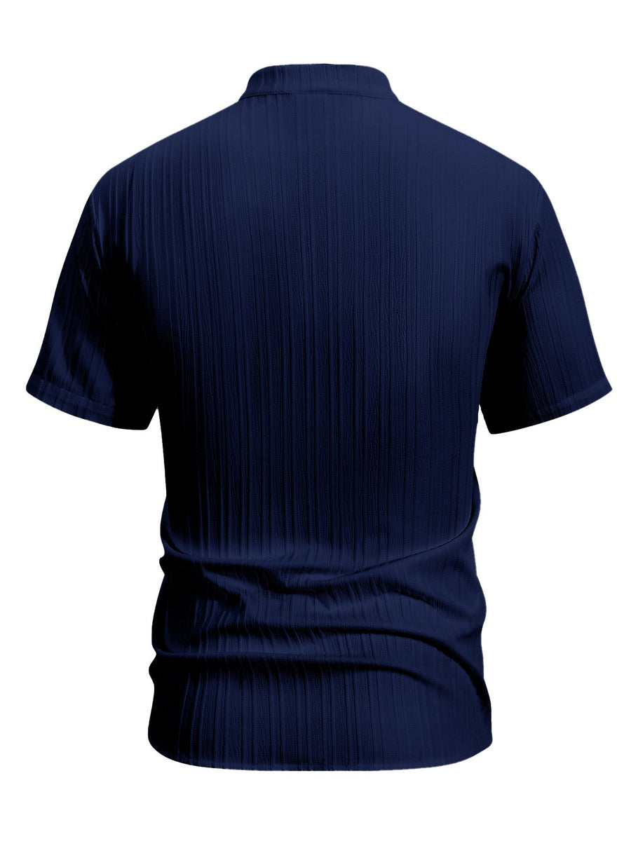 4pcs Urban Minimalist Pinstripe Textured Men'S Short Sleeve Stand Collar Zipper Cardigan, Summer Lightweight Breathable Casual Jacket, Fashionable All-Match Zippered Short Sleeve Shirt, Vertical Pleated Textured Fabric - Black + Black + White + Navy Blue