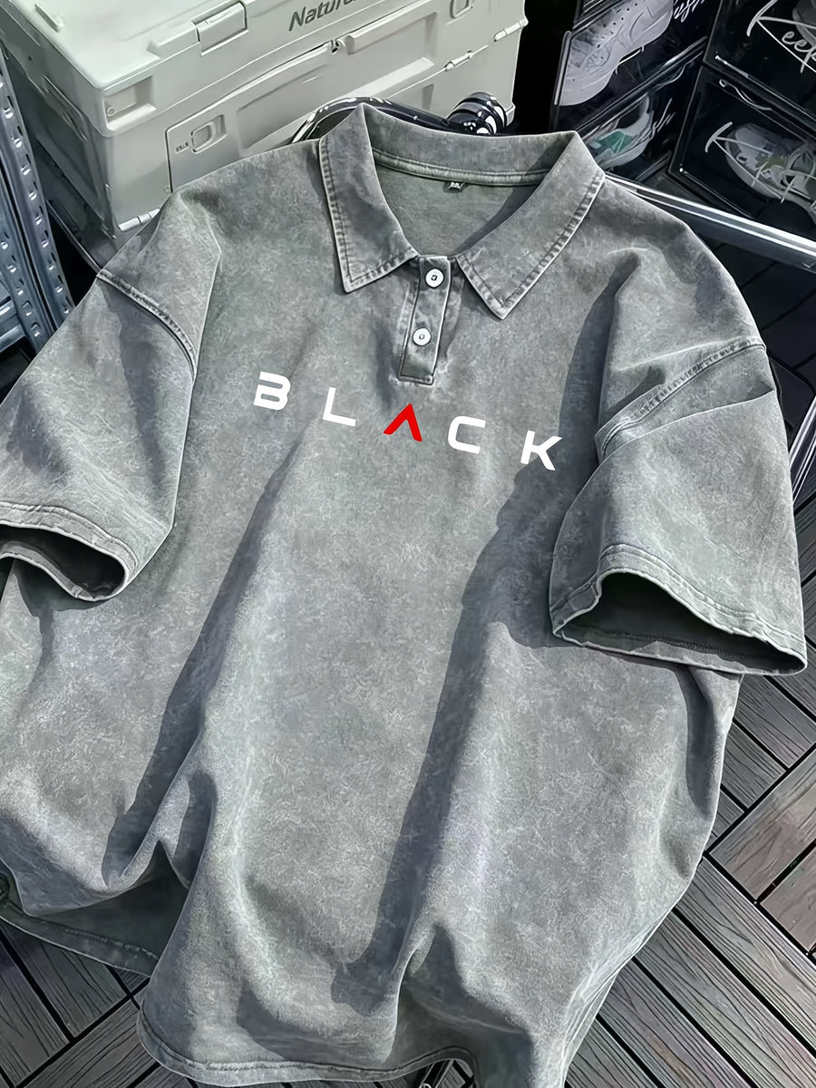 BLACK Print Men'S 100% Washed Solid Color Lapel Shirt Short Sleeve T-Shirt - Retro Distressed Design, Lightweight And Breathable Fabric, Streetwear Trendy Loose Top, Suitable for Casual Wear And Layering - Grey