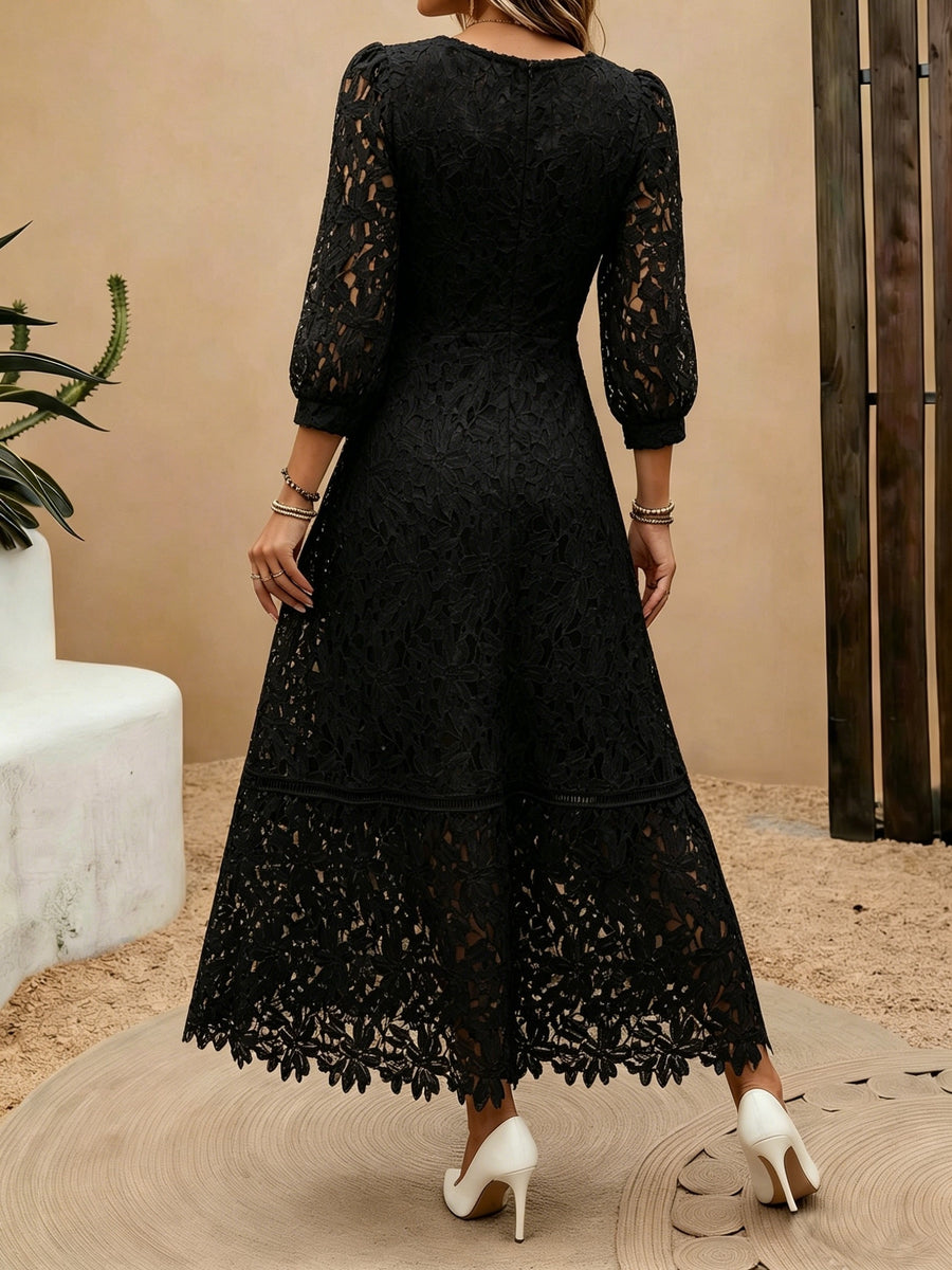 Heavy-Handcrafted French Lace Maxi Dress, Stylish Square Neck with Exquisite Cutout Lace, Elegant And, Ideal for Daily Commute And Dates NIANNIAN Women'S Wear - Black