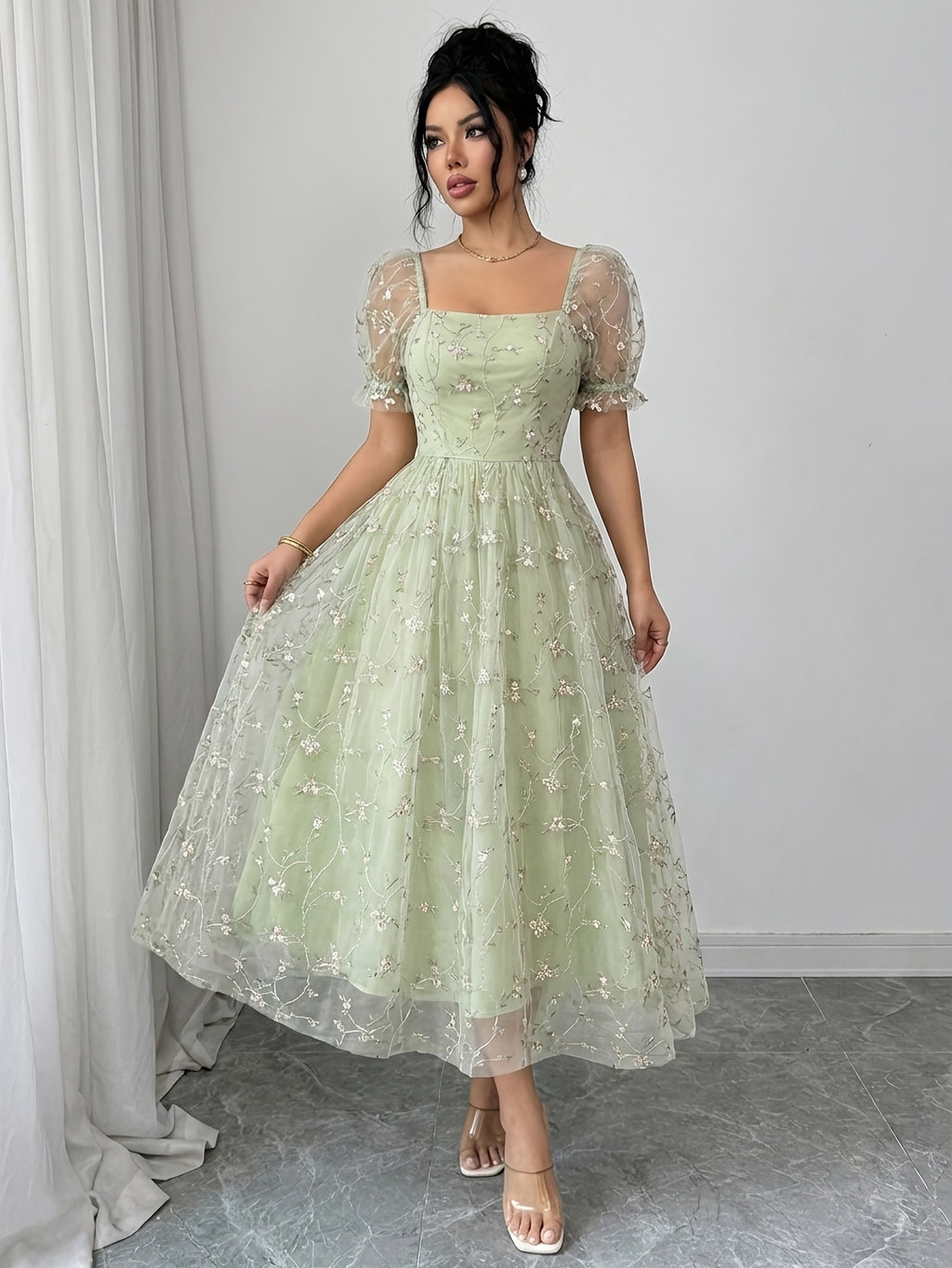 Women's French-Style -Line Dress with Square Neck & Mesh - Elegant Suitable for Weddings, Parties, - Machine Washable Non- Dress for Year-Round Wear, Fashion - Light Green
