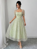 Women's French-Style -Line Dress with Square Neck & Mesh - Elegant Suitable for Weddings, Parties, - Machine Washable Non- Dress for Year-Round Wear, Fashion - Light Green