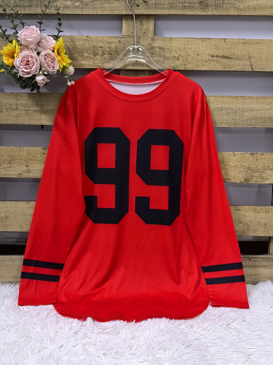 Autumn and Winter New European & American Style Women's "251.46cm Number Print Loose Casual Long Sleeve Top - Red