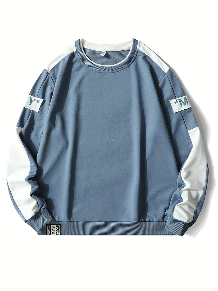 1pc Men's Casual Sportswear Top, Pullover Fashion Long Sleeve, Suitable for Spring and Autumn Outdoor Daily Running, Color-Block Letter Men's Sweatshirt - Blue