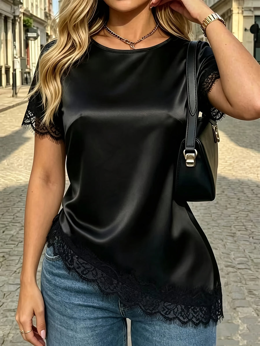 Women'S Elegant French Black Summer Contrast Lace Blouse, Sexy Backless Tie-Up Design, Asymmetrical Hem Top, Suitable for Evening Outings, Vacations, Or Beachwear - Black