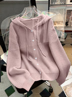 Autumn And Winter Hooded Cardigan, Solid Color Casual Easy Button-Up Sweater, Soft And Comfortable Elegant Women'S Clothing - Pink Color