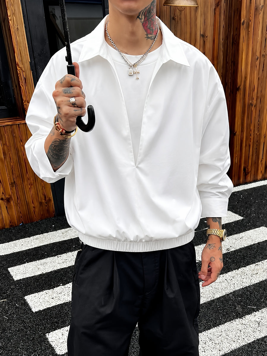Men'S V-Neck Faux Two-Piece Open Front Long Sleeve Shirt Jacket with Elastic Cinch Hem, Premium Casual Commuter Shirt, Everyday Relaxed All-Match Pullover - White