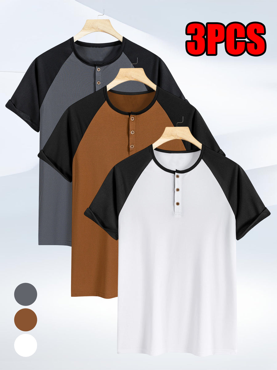 3pcs Pc (3pcs) Men's Summer Lightweight Short-Sleeve Polo Shirts - Quick-Dry Breathable Button-Front Collar Suitable for Casual, Golf, Commuting & Sports | Non-Pilling Round Neck Button Design, Machine Washable Solid Color Shirts - Dark gray + brown + white