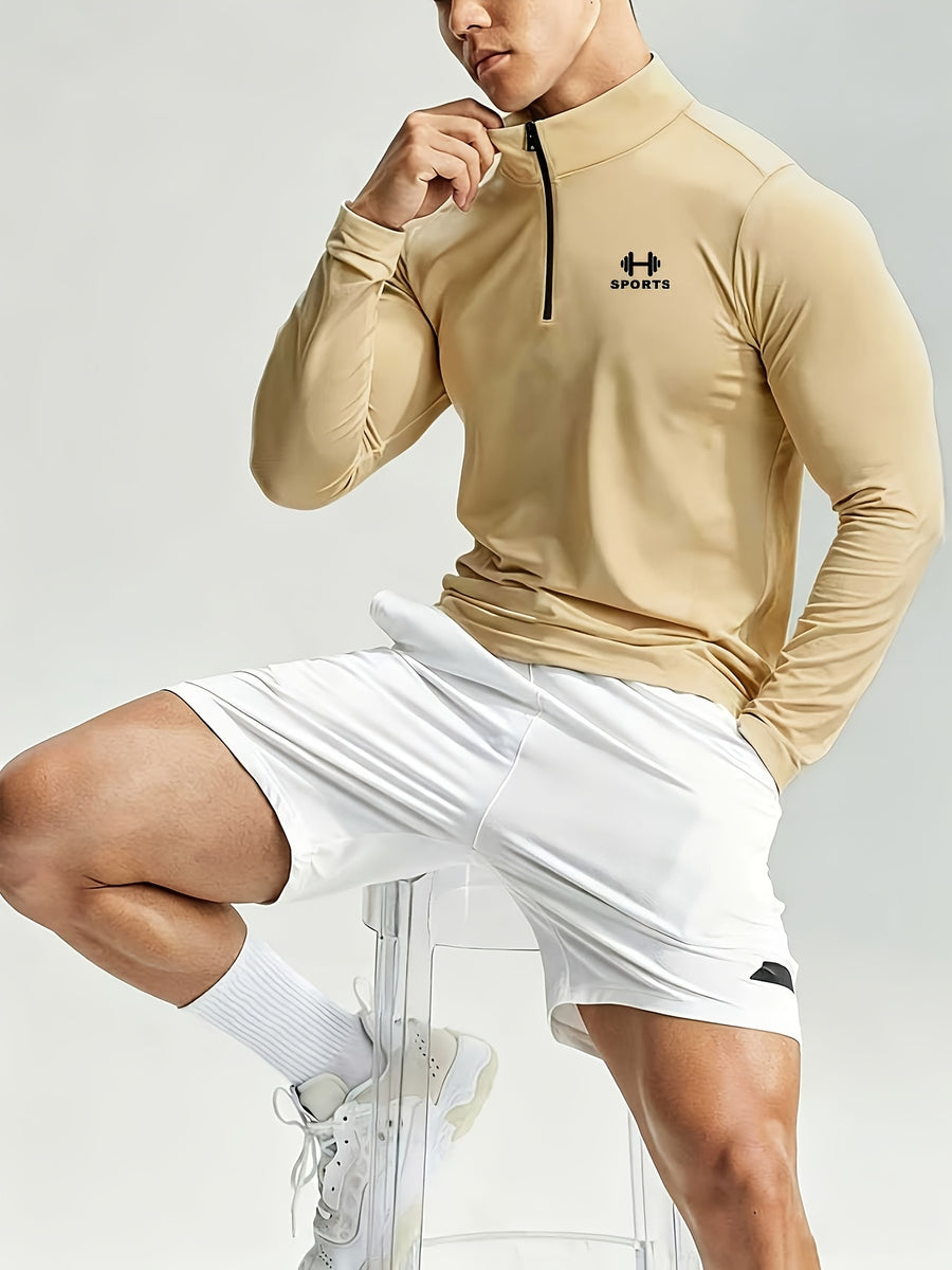2pcs Set Men'S Casual Athletic Long Sleeve, Casual Athletic Top, Men'S Slim Fit Athletic Polo Shirt, Men'S Stand-Up Collar Polo Shirt, Fashionable And Versatile, Slim Fit, Half-Zipper Stand-Up Collar Design Detail, Suitable for Jogging, Cycling - Black+khaki