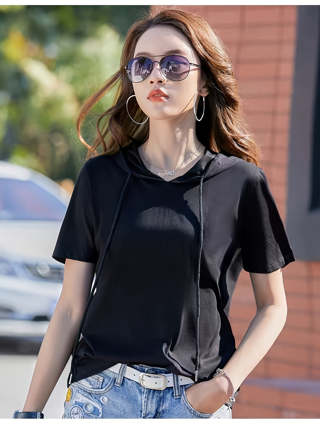Hooded Short-Sleeved T-Shirt Women'S Summer New Korean Version Loose Casual Hooded Top - Black