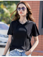 Hooded Short-Sleeved T-Shirt Women'S Summer New Korean Version Loose Casual Hooded Top - Black