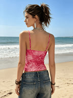 Women's Summer New Bohemian Vacation Style Travel Party Mesh Semi-Sheer V-Neck Irregular Ruffle Camisole Top, Slim Fit Waist-Revealing Versatile Multi-Color Item - Bright Pink Color