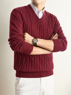 Men's Solid Color V-Neck Sweater - Warm Winter Knit Pullover with V-Neck Collar, Basic Long Sleeve Knitwear Suitable for Fall and Winter, Casual Office Wear, Hand Washable Regular Fit Sweater for Layering - Burgundy color