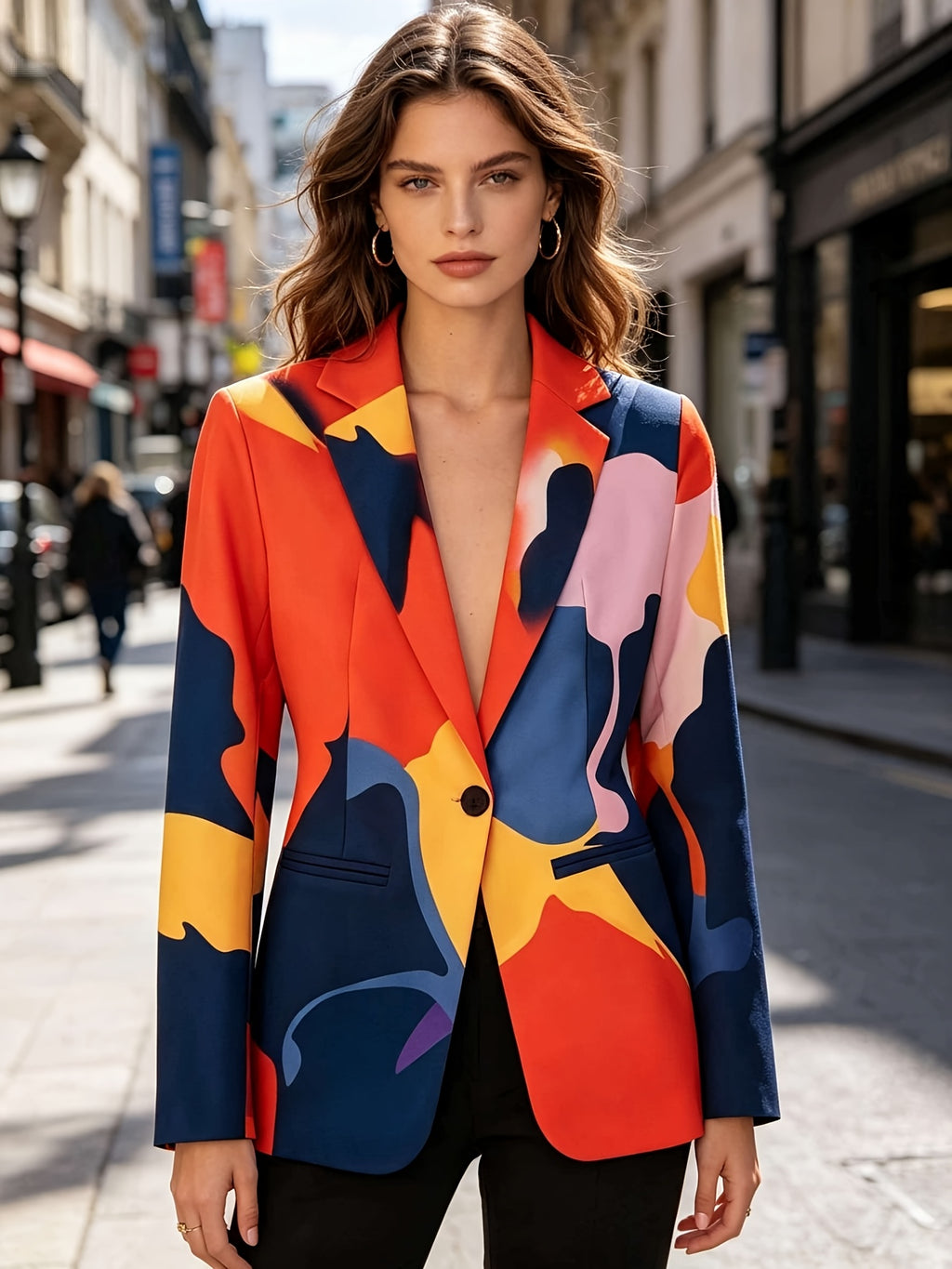 Women'S New Irregular Color Block Patchwork Printed Jacket, Single Button Closure with Lining And Pockets, Fashionable Elegant Commute Outerwear, Casual Gatherings, Street Style, Daily Wear Blazer, Suitable for Spring And Autumn - Mixed colors