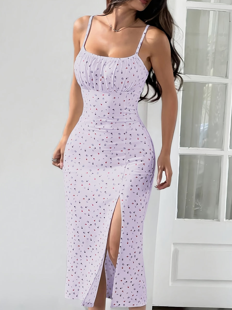 Long Sleeveless Side Slit Bodycon Dress with Red And Blue Floral Print, Spring/Summer - Light Purple