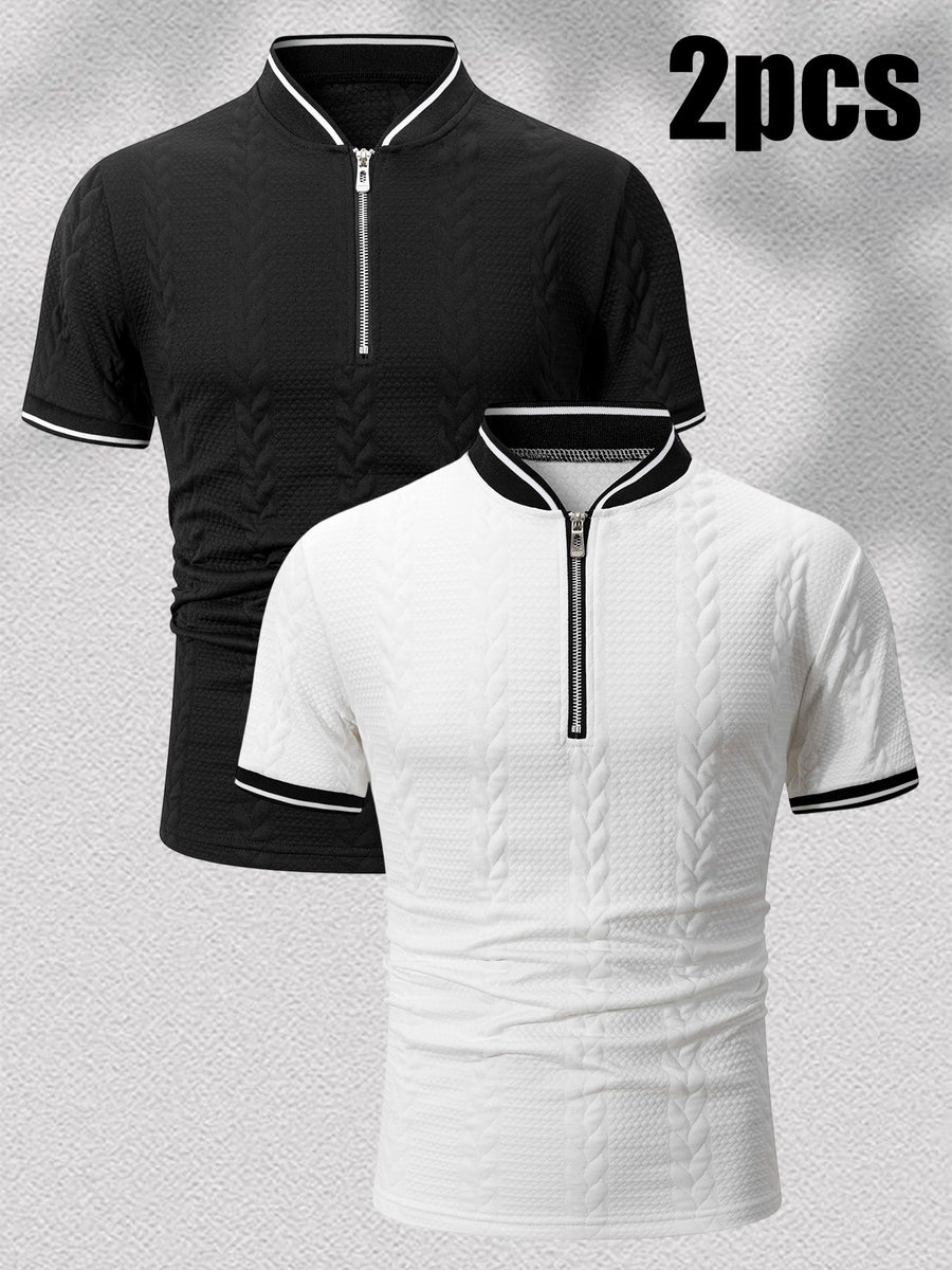 2pcs Men'S Ribbed Half-Zipper Short Sleeve Polo Shirts, Textured Knit Breathable T-Shirts, Commute Vacation Sports Casual Stand-Up Short Sleeves, Contrast Trim Collar And Cuffs, Zippered Placket Design, Suitable for Summer Casual/Commute/Date Wear - Off-white+black